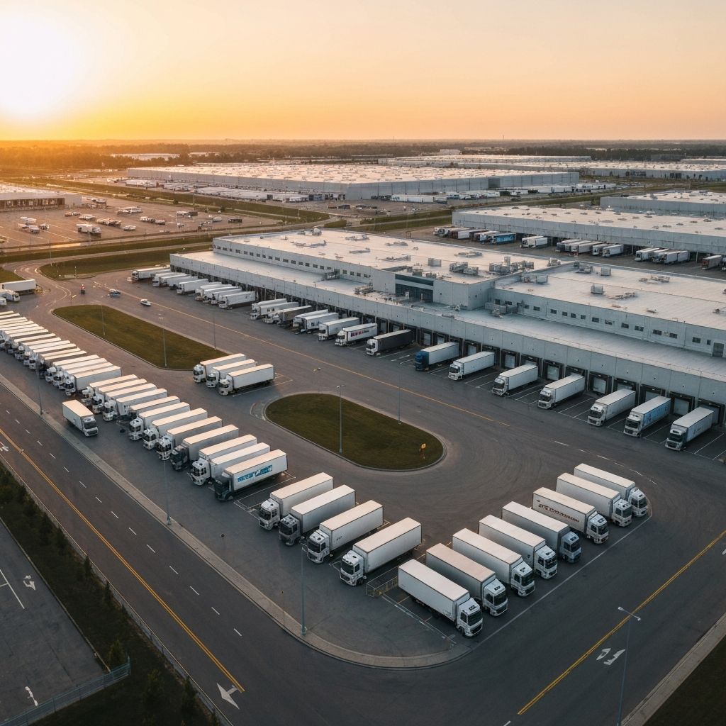 Aerial view of a logistics distribution hub at dusk