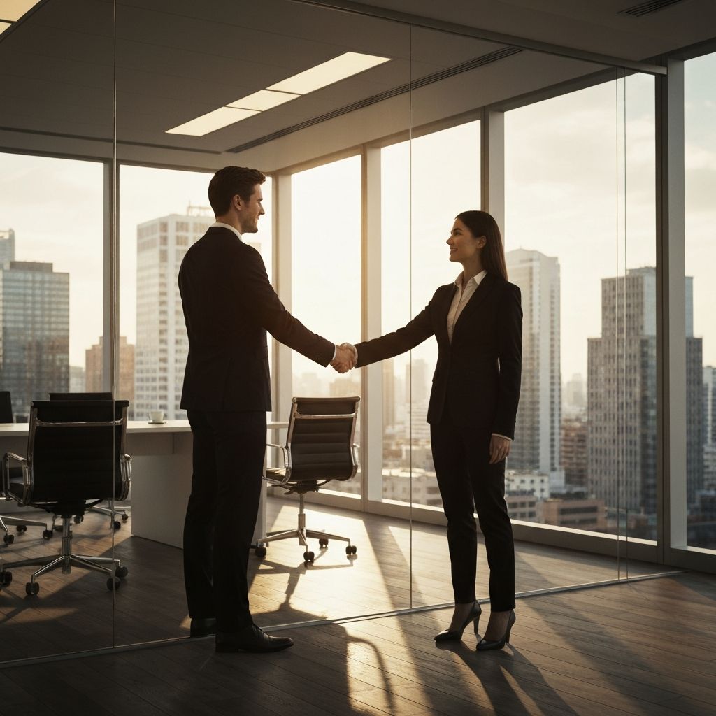 Two business professionals shaking hands in a modern boardroom with city skyline