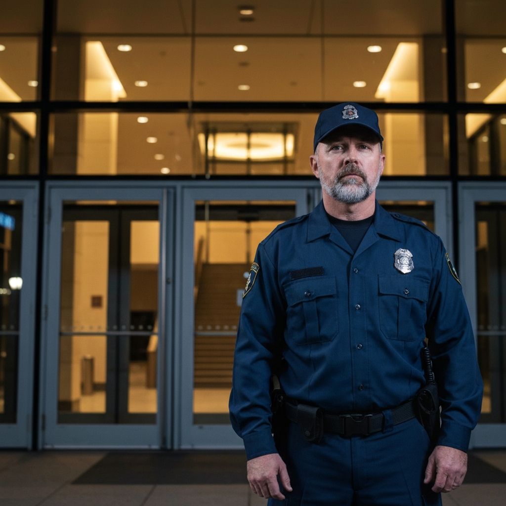 Professional security guard at a government building entrance