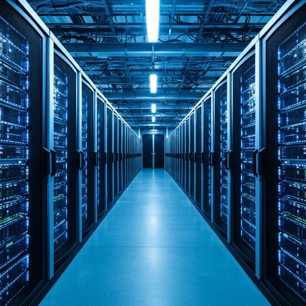 Modern data center server room with blue LED lighting