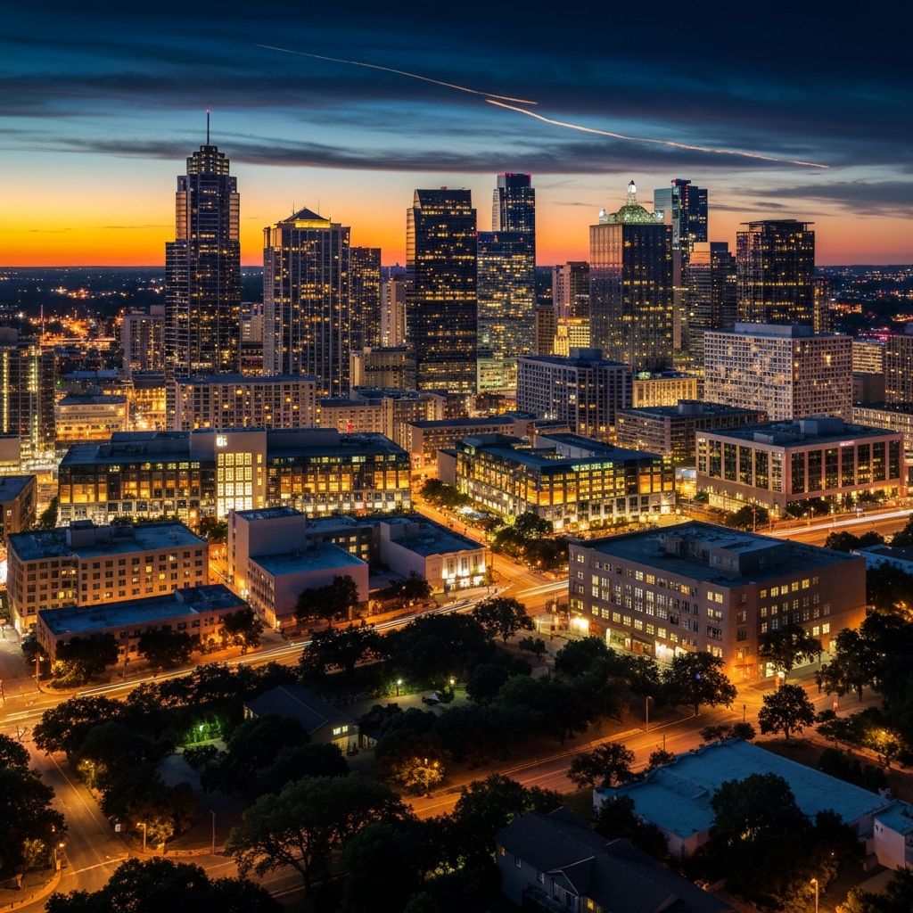 Texas city skyline at twilight with glowing downtown buildings against a navy and gold sunset